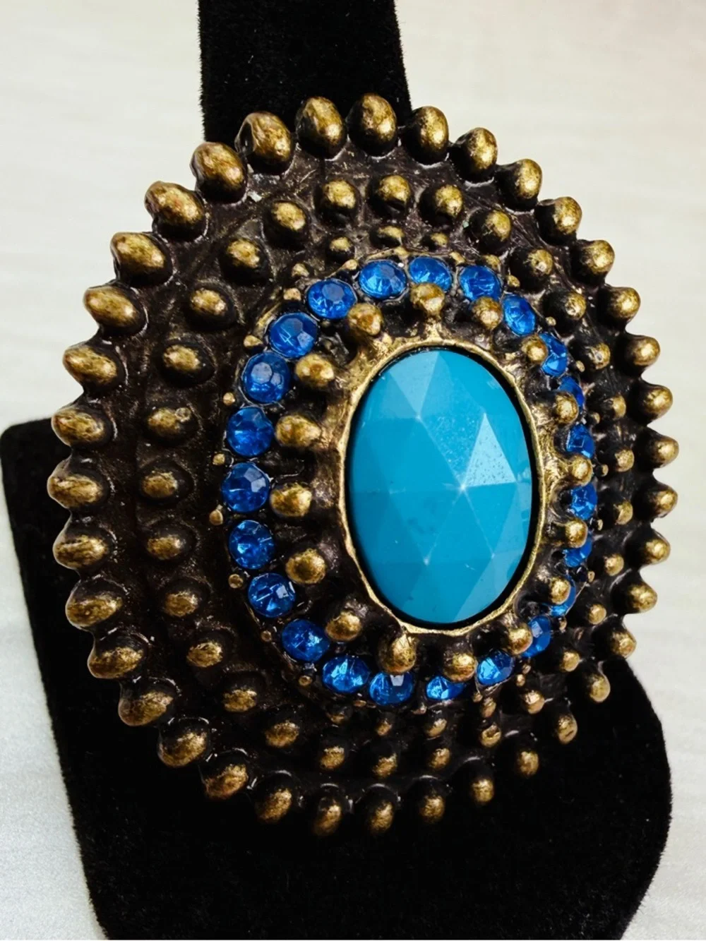 Pretty bohemian chic, blue bling, large statement, 5 1/2 adjustable ring
